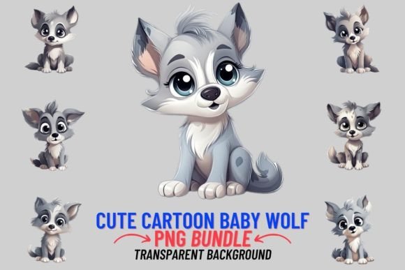 Adorable Artwork: Cute Cartoon Baby Wolf 12 PNG Clipart Set