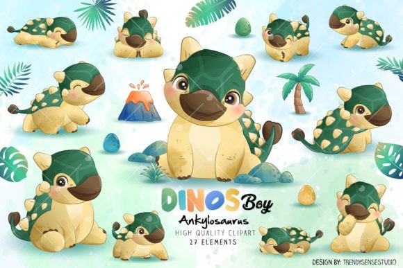 Dinosaur Ankylosaurus Poses Clipart: A Watercolor Design Asset