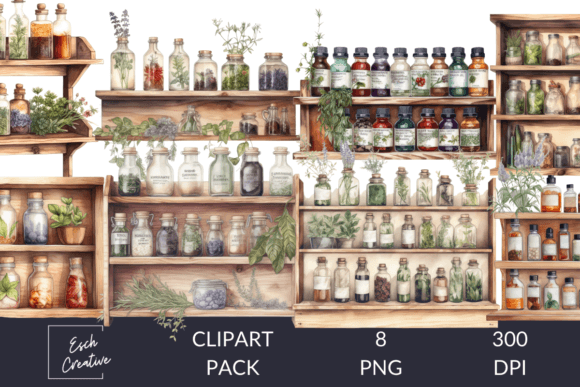 Elevate Your Designs with Herbalist Product Shelves Watercolor Art