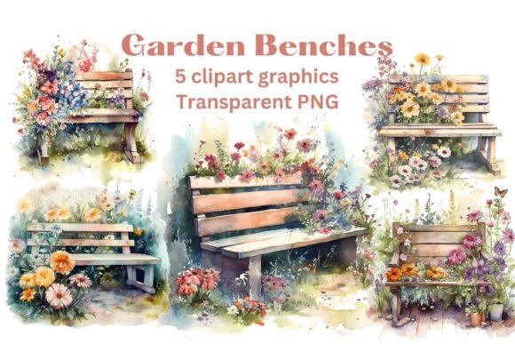 GARDEN BENCHES Pretty Floral Clipart X5