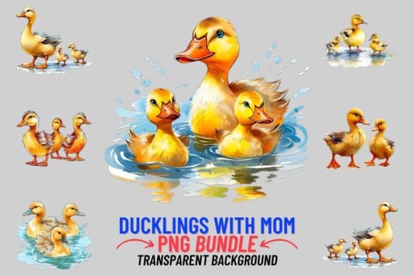 Watercolor Ducklings with Mom PNG Clipart for Creative Projects
